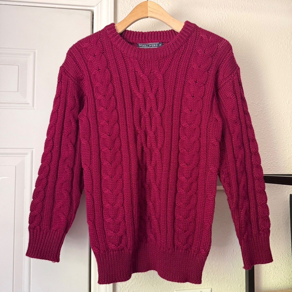 WOOLOVERS burgundy magenta cable chunky knit wool crew neck pullover sweater